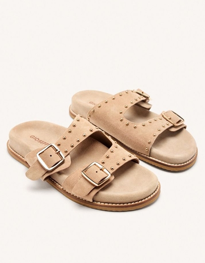 Εικόνα της Δερμάτινα σανδάλια flat με διπλή φάσα και τρουκς Μπεζ