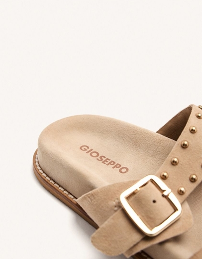 Εικόνα της Δερμάτινα σανδάλια flat με διπλή φάσα και τρουκς Μπεζ