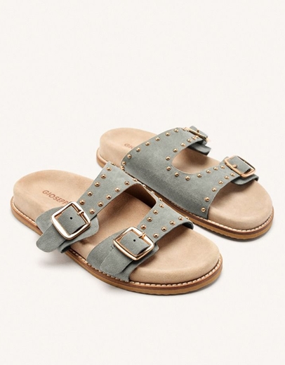 Εικόνα της Δερμάτινα σανδάλια flat με διπλή φάσα και τρουκς Γκρι