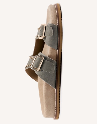 Εικόνα της Δερμάτινα σανδάλια flat με διπλή φάσα και τρουκς Γκρι