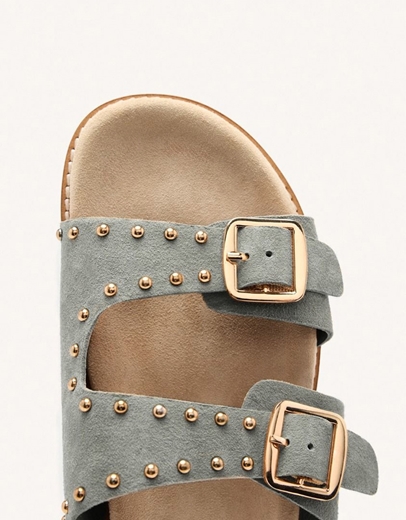 Εικόνα της Δερμάτινα σανδάλια flat με διπλή φάσα και τρουκς Γκρι