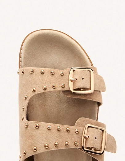 Εικόνα της Δερμάτινα σανδάλια flat με διπλή φάσα και τρουκς Μπεζ