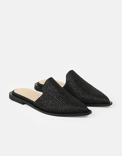 Εικόνα της Mules μυτερά ψάθινα flat Ελληνικής Κατασκευής Μαύρο