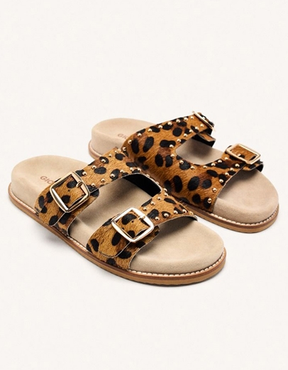 Εικόνα της Δερμάτινα σανδάλια flat με διπλή φάσα και print Λεοπάρ