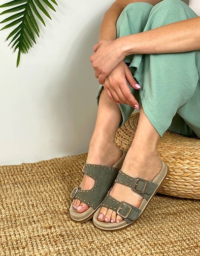 Εικόνα της Δερμάτινα σανδάλια flat με διπλή φάσα και τρουκς Γκρι