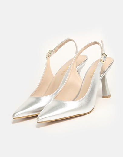 Εικόνα της Open heel γόβες Ελληνικής κατασκευής με λεπτό τακούνι Ασημί