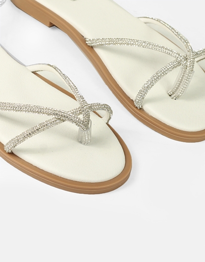 Εικόνα της Δερμάτινα flat σανδάλια Ελληνικής κατασκευής με λουράκια από strass Λευκό
