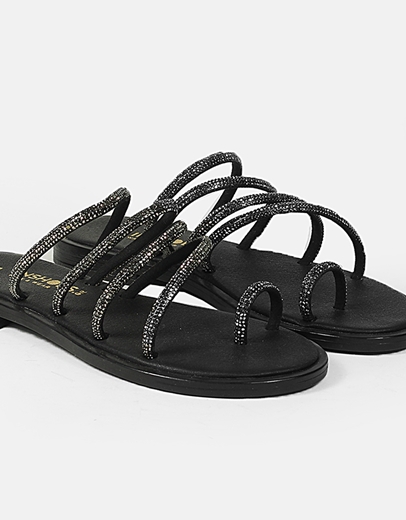 Εικόνα της Δερμάτινα σανδάλια Ελληνικής Κατασκευής με λουράκια strass Μαύρο