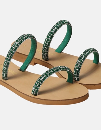 Εικόνα της Δερμάτινα σανδάλια Ελληνικής κατασκευής  με λουράκια strass Πράσινο