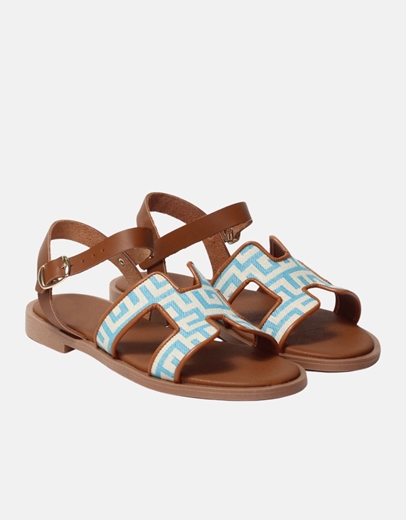 Εικόνα της Δερμάτινα σανδάλια Ελληνικής κατασκευής με μαίανδρο και μπαρέτα Σιέλ