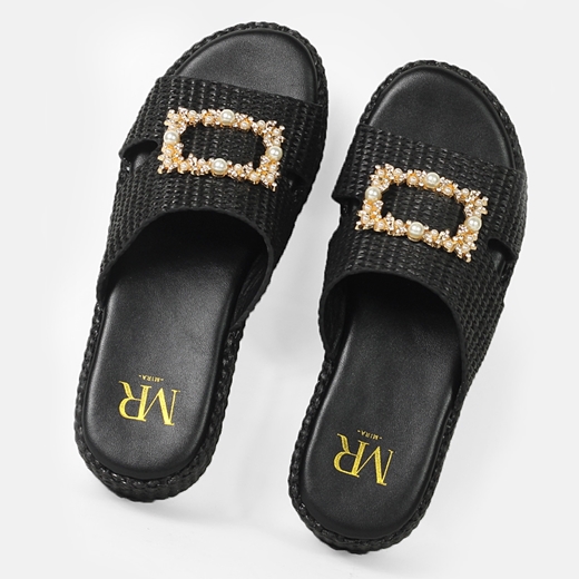 Εικόνα της Ψάθινα flatforms με φάσα με ανοίγματα και διακοσμητική αγκράφα Μαύρο