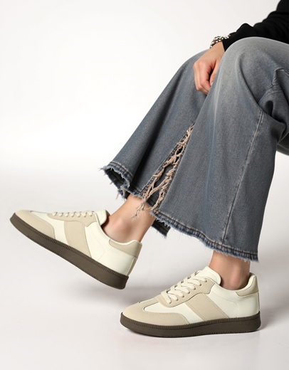 Εικόνα της Γυναικεία sneakers με διπλή σόλα και συνδιασμλο υλικών Μπεζ