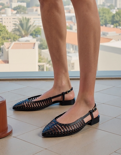 Εικόνα της Δερμάτινα γοβάκια open heel με διακοσμητική τρουκς Μαύρο