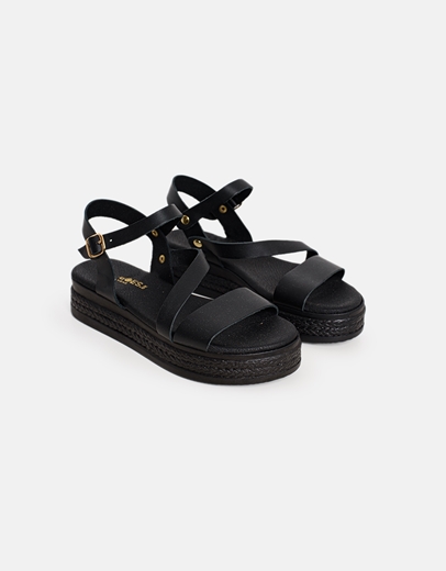 Εικόνα της Δερμάτινα σανδάλια flatforms Ελληνικής κατασκευής Μαύρο