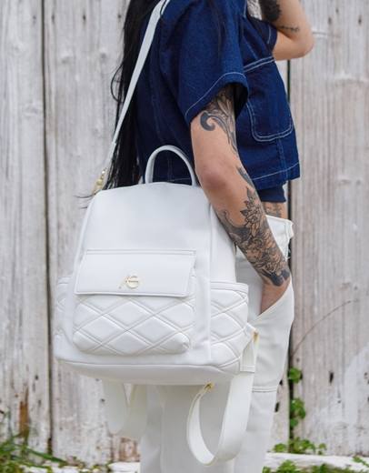 Εικόνα της Γυναικείο χειροποίητο σακίδιο πλάτης με εξωτερικές θήκες Λευκό