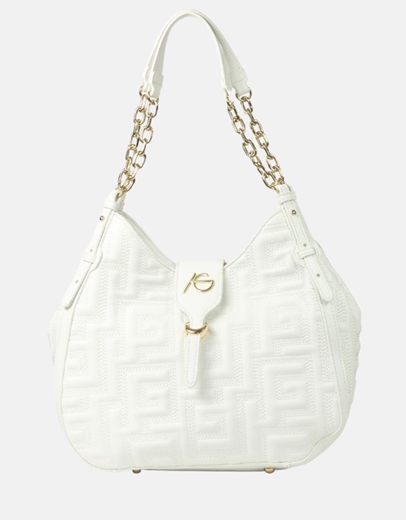 Εικόνα της Χειροποίητη γυναικεία τσάντα ώμου με μοτίβο μαιάνδρου Λευκό