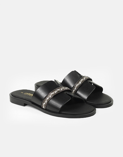 Εικόνα της Δερμάτινα σανδάλια Ελληνικής κατασκευής με φάσα και στρας Μαύρο