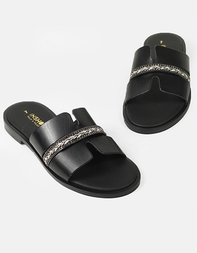 Εικόνα της Δερμάτινα σανδάλια Ελληνικής κατασκευής με φάσα και στρας Μαύρο