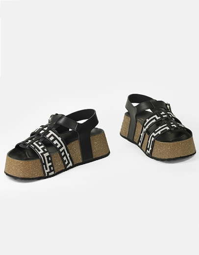 Εικόνα της Δερμάτινα σανδάλια Ελληνικής κατασκευής με Μαίανδρο και διπλό λουράκι Μαύρο