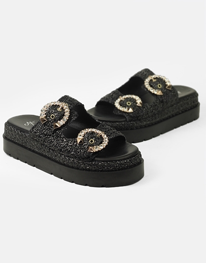 Εικόνα της Δερμάτινα flatforms Ελληνικής κατασκευής με διπλό τοκά strass Μαύρο