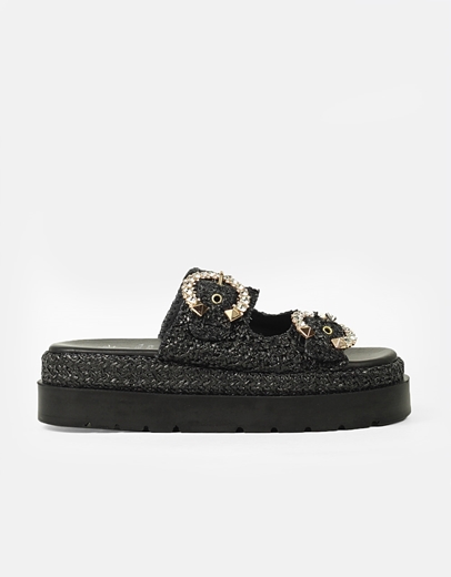 Εικόνα της Δερμάτινα flatforms Ελληνικής κατασκευής με διπλό τοκά strass Μαύρο