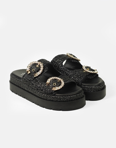 Εικόνα της Δερμάτινα flatforms Ελληνικής κατασκευής με διπλό τοκά strass Μαύρο