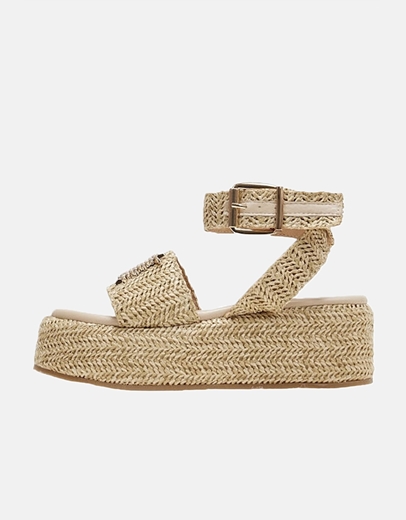 Εικόνα της Δερμάτινα  flatforms ψάθινα Ελληνικής κατασκευής με λουράκι Μπεζ