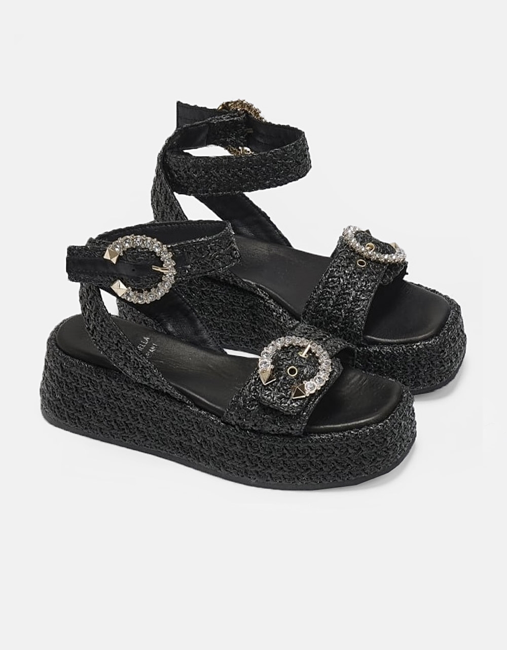 Εικόνα από Δερμάτινα flatforms ψάθινα Ελληνικής κατασκευής με τοκά strass Μαύρο