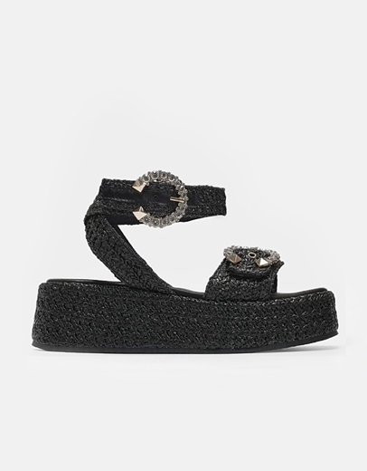 Εικόνα της Δερμάτινα flatforms ψάθινα Ελληνικής κατασκευής με τοκά strass Μαύρο