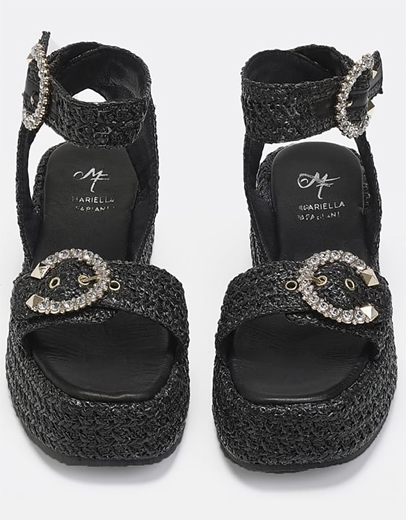 Εικόνα της Δερμάτινα flatforms ψάθινα Ελληνικής κατασκευής με τοκά strass Μαύρο