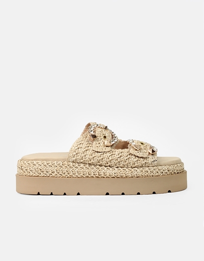 Εικόνα της Δερμάτινα flatforms Ελληνικής κατασκευής με διπλό τοκά strass Μπεζ