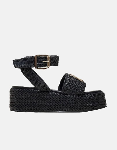 Εικόνα της Δερμάτινα  flatforms ψάθινα Ελληνικής κατασκευής με λουράκι Μαύρο