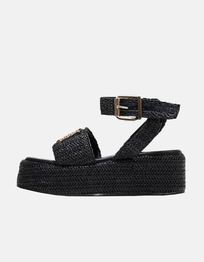 Εικόνα της Δερμάτινα  flatforms ψάθινα Ελληνικής κατασκευής με λουράκι Μαύρο