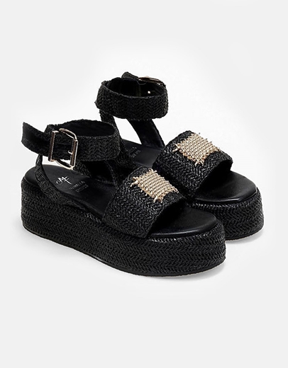 Εικόνα της Δερμάτινα  flatforms ψάθινα Ελληνικής κατασκευής με λουράκι Μαύρο