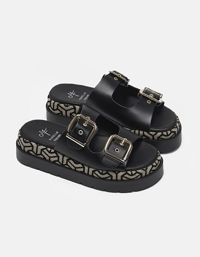 Εικόνα της Δερμάτινα σανδάλια Ελληνικής κατασεκυής με διπλό τοκά Μαύρο