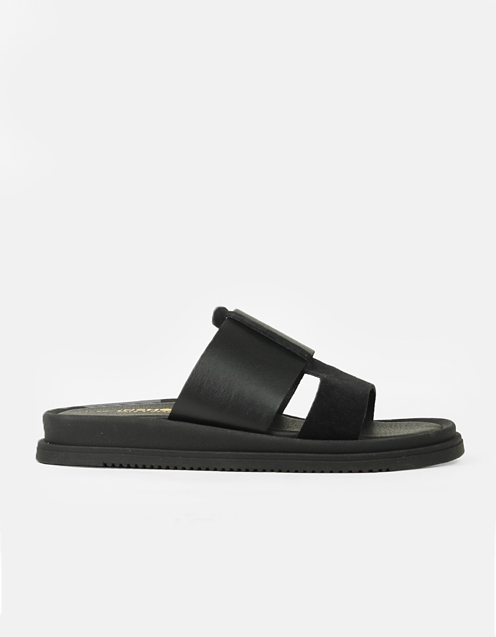 Εικόνα από Σανδάλια δερμάτινα με δίπλη φάσα και συνδιασμό υλικών Μαύρο