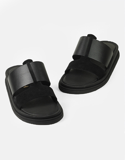 Εικόνα της Σανδάλια δερμάτινα με δίπλη φάσα και συνδιασμό υλικών Μαύρο