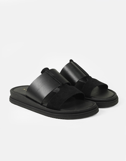 Εικόνα της Σανδάλια δερμάτινα με δίπλη φάσα και συνδιασμό υλικών Μαύρο