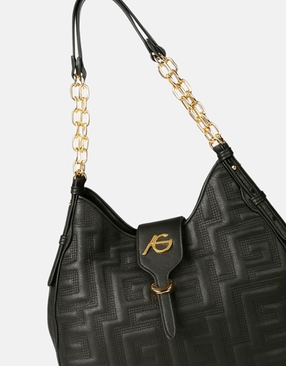 Εικόνα της Χειροποίητη γυναικεία τσάντα ώμου με μοτίβο μαιάνδρου Μαύρο