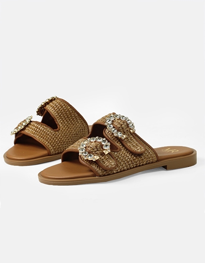 Εικόνα της Σανδάλια δερμάτινα Ελληνικής κατασκευής με ψάθα Ταμπά