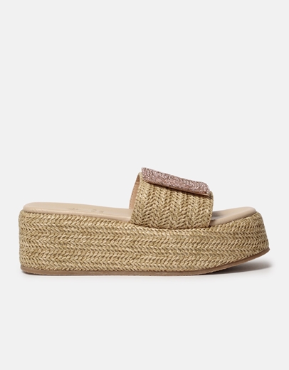 Εικόνα της Δερμάτινα flatforms Ελληνικής κατασκευής από ψάθινο υλικό και strass Μπεζ