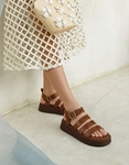 Εικόνα από Δερμάτινα flatforms Ελληνικής κατασκευής με παράλληλα λουριά Καφέ