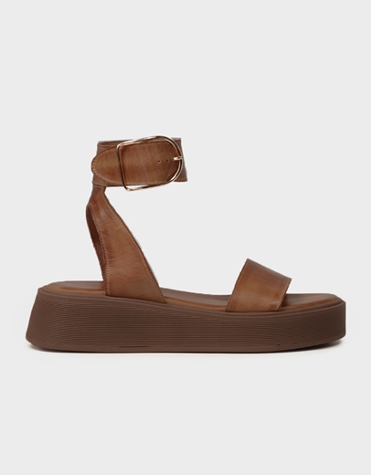 Εικόνα της Δερμάτινα flatforms Ελληνικής κατασκευής με μπαρέτα Καφέ