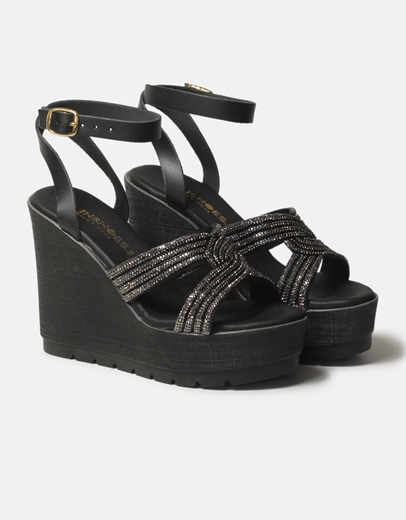 Εικόνα της Δερμάτινες ψηλές πλατφόρμες Ελληνικής κατασκευής με strass Μαύρο