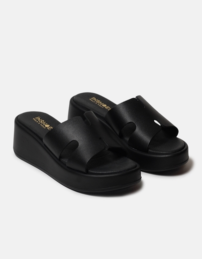 Εικόνα της Δερμάτινες πλατφόρμες Ελληνικής κατασκευής με φαρδιά φάσα Μαύρο