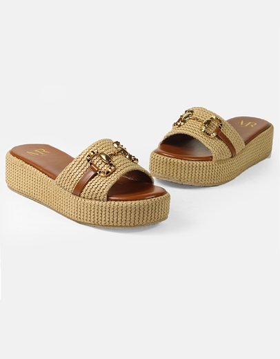 Εικόνα της Ψάθινα flatforms με φάσα και  μεταλλική αγκράφα Μπεζ