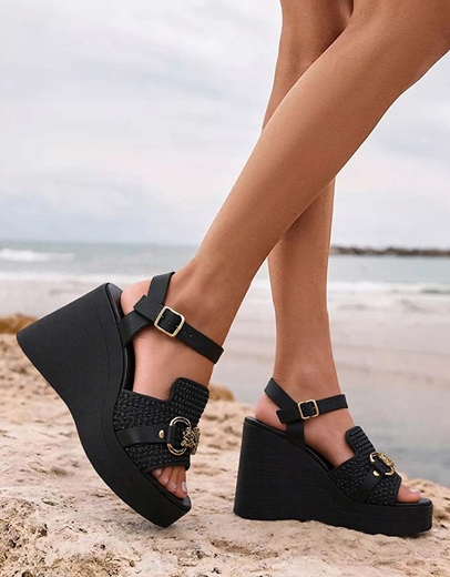 Εικόνα της Πλατφόρμες δερμάτινες Ελληνικής κατασκευής πέδιλο με ψάθα Μαύρο