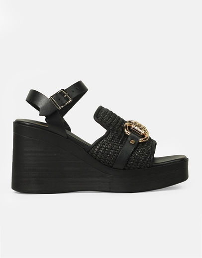 Εικόνα της Πλατφόρμες δερμάτινες Ελληνικής κατασκευής πέδιλο με ψάθα Μαύρο