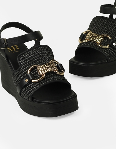 Εικόνα της Πλατφόρμες δερμάτινες Ελληνικής κατασκευής πέδιλο με ψάθα Μαύρο