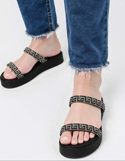 Εικόνα της Δερμάτινα flatfοrms Ελληνικής κατασκευής με λουράκια μαίανδρο Μαύρο